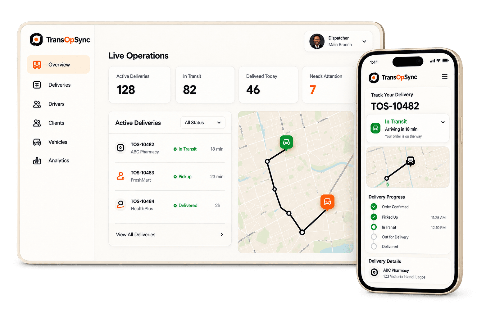 TransOpSync dispatcher dashboard and recipient live tracking experience